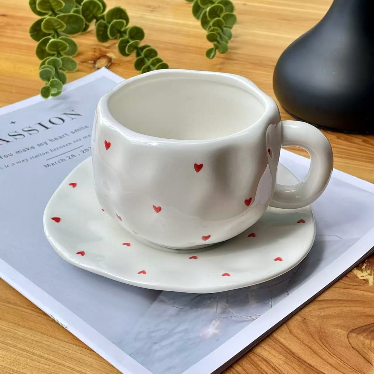Korean-style Ins Girly Heart Hand-Pinched Ceramic Coffee Cup and Saucer Set, Couple Love Gift Ceramic Cup and Saucer, Factory Direct Sales