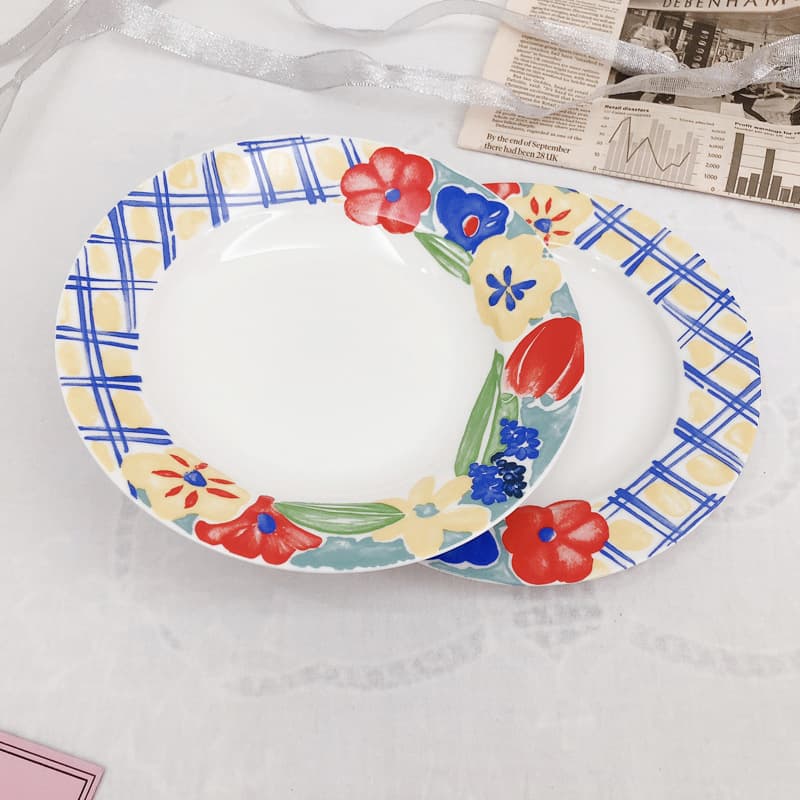 Korean ins retro hand-painted oil painting plaid ceramic soup plate Western food plate home plate cake steak dessert plate
