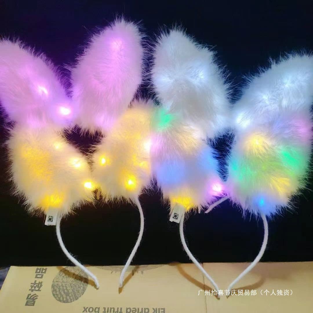 Christmas New Fluffy Glowing Bunny Ears Headband for Photo Booths, Stall Light-up Toys, Night Market Goods
