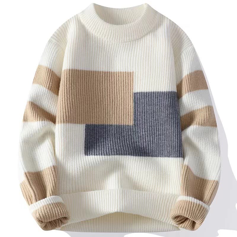 Men's Contrast Color Winter Fashion Knit Sweater, Casual Loose Fit, Warm Thermal Yarn