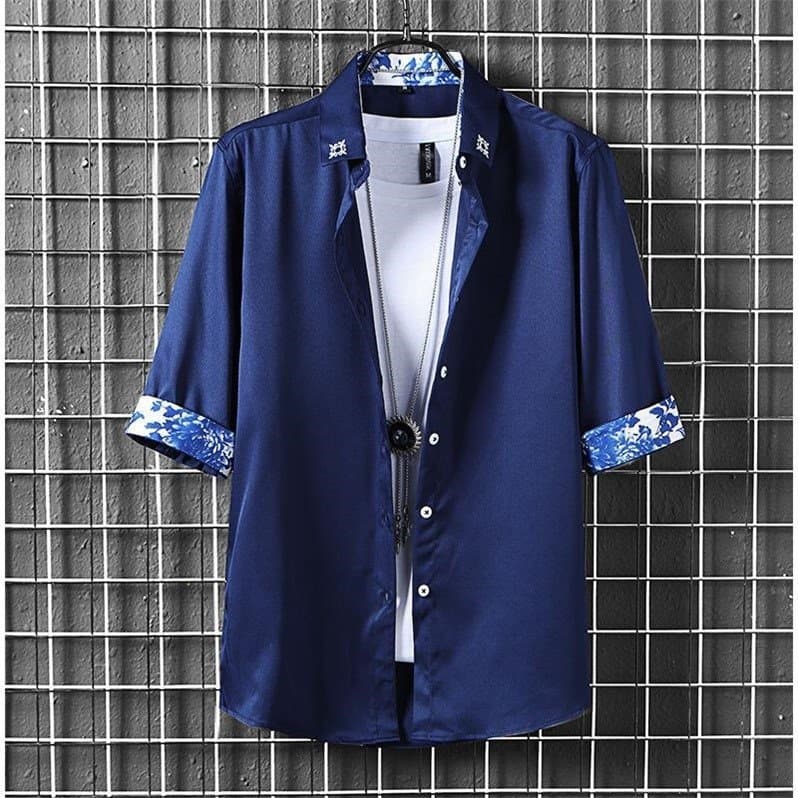 2022 summer fashion brand minimalist style three-quarter sleeve shirt color-blocked short-sleeved shirt Korean style retro casual tops for men