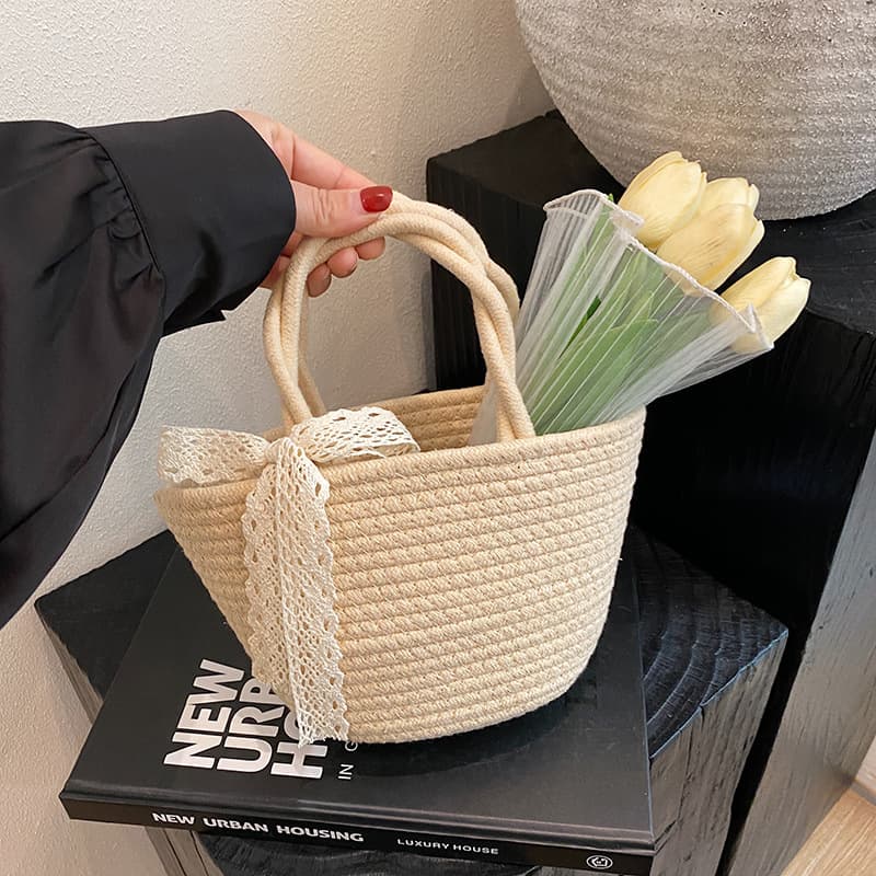 New Ribbon Woven Bag Pastoral Style Handheld Tote Bag Fashionable and Versatile Vacation Beach Bag Hand-carried Cabbage Bag
