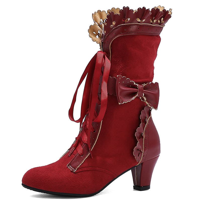 Export Supply Factory Direct Drop Shipping Mid-Calf Boots Lolita High Heel Lace Front Lace-Up Large Size Women's Boots Large Size Women's Shoes