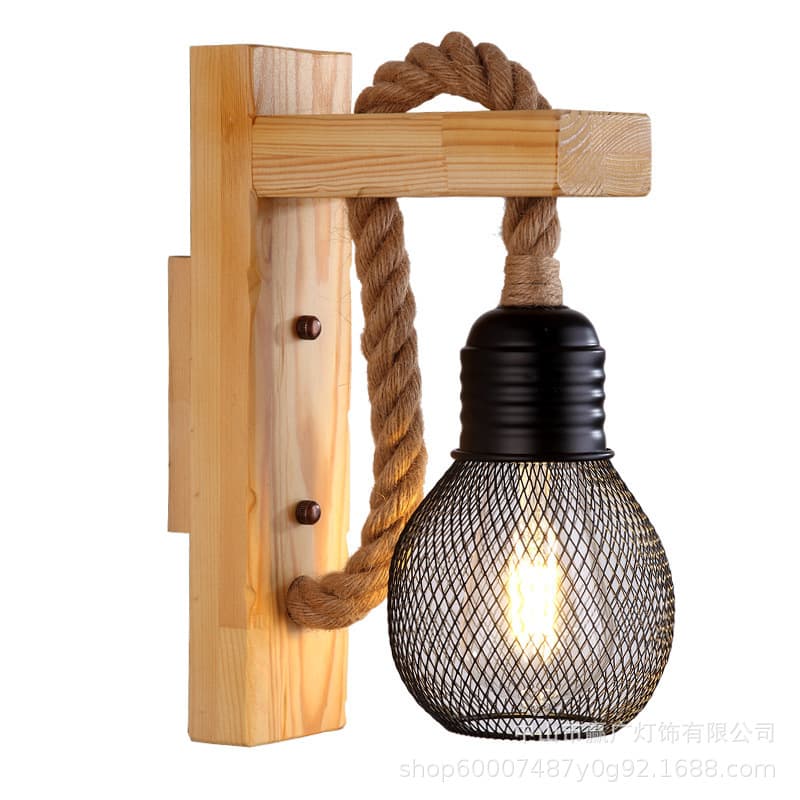 Industrial Vintage Rustic Wall Light, Antique Wood Art Decor, Bedside, Homestay, Country Restaurant, Hemp Rope Wood Wall Lamp