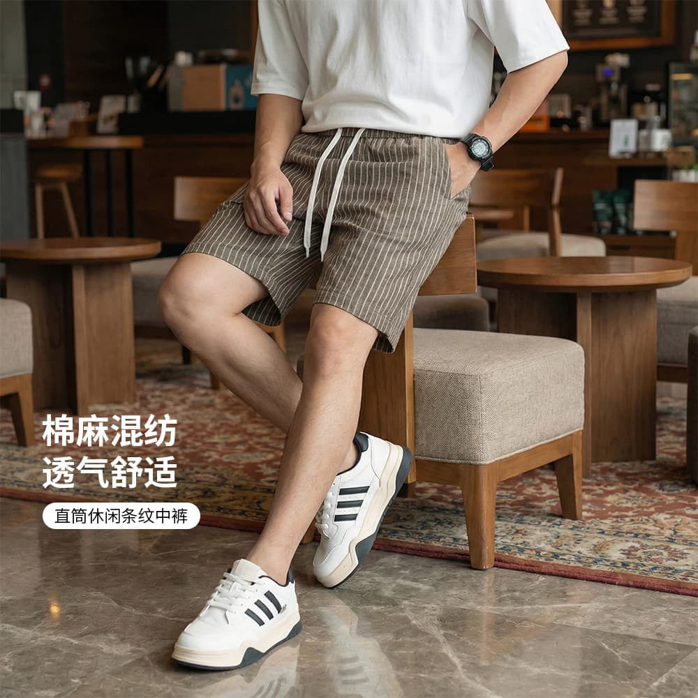 Dengjie Cotton-Linen Striped Knee-Length Shorts for Men Summer 2026 New Casual Shorts Breathable Mid-Length Linen Shorts