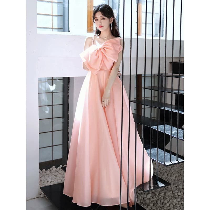 Pink suspender evening dress for women 2026 new engagement fugitive princess toasting bride simple bow dress
