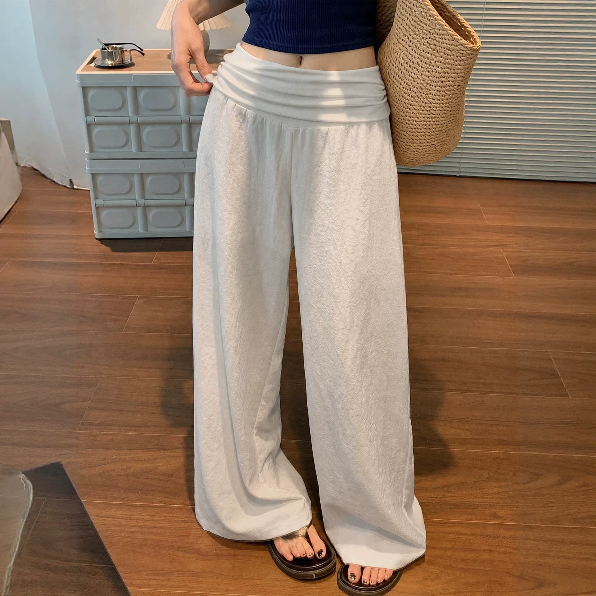 White Casual Wide-Leg Pants for Women, Summer Thin High-Waist Comfortable Loose Breathable Cool Feeling Sport Straight Pants