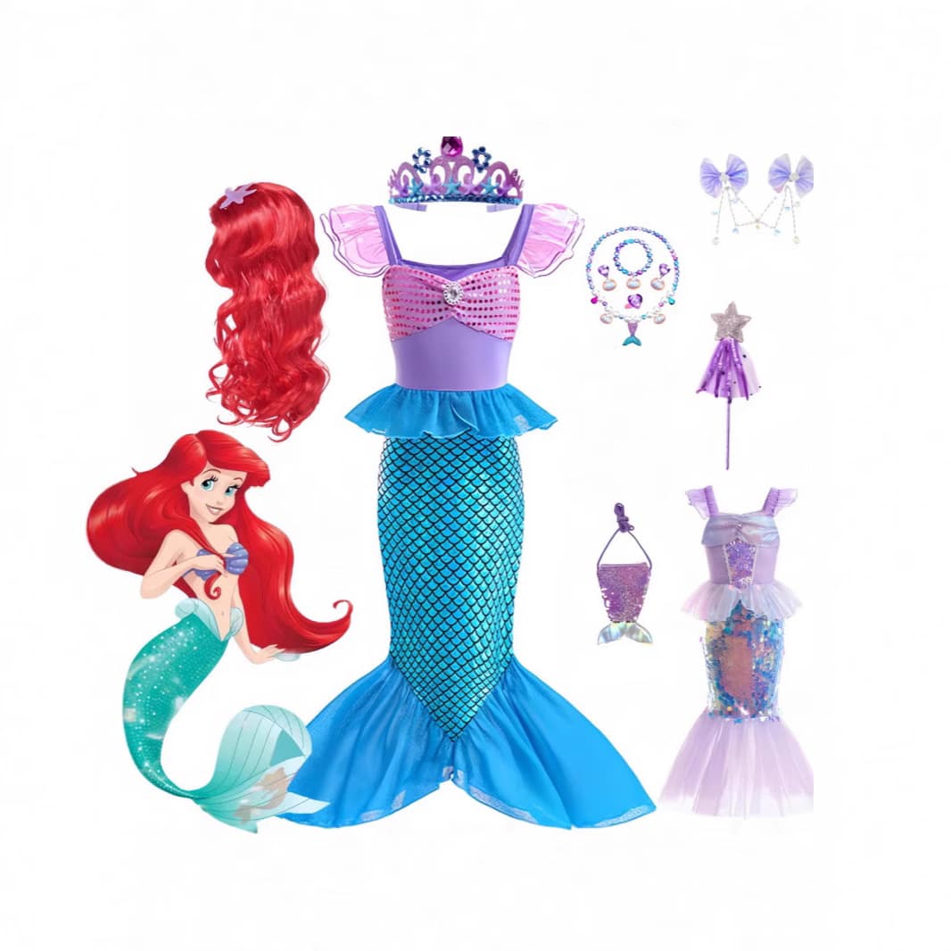 Cross-border popular mermaid princess dress, colorful sequined flying sleeve mermaid dress, purple tulle girl fishtail skirt