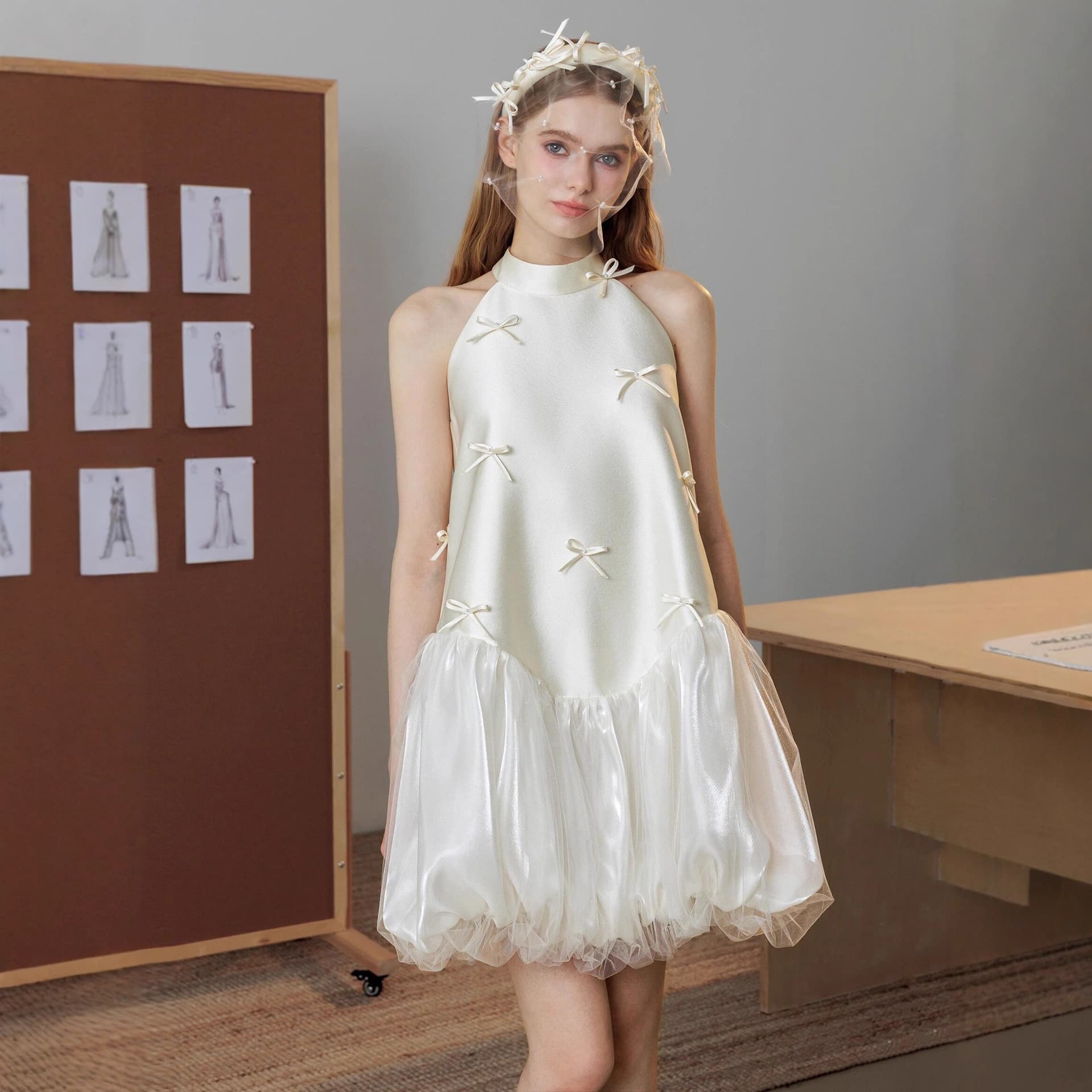 French Satin Halter Bow White Dress, Flower-Bud Short Skirt, Certificate Light Wedding Dress, Birthday Sweet Petite Gown