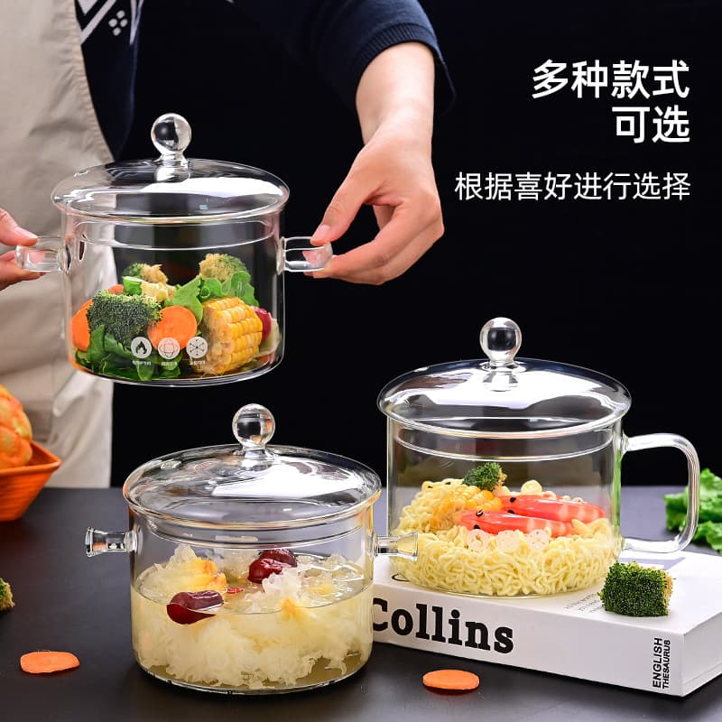 Wholesale Large Capacity Transparent Glass Pot Thickened High Temperature Resistant Double Handle with Lid Instant Noodle Pot Open Flame Heatable Health Pot
