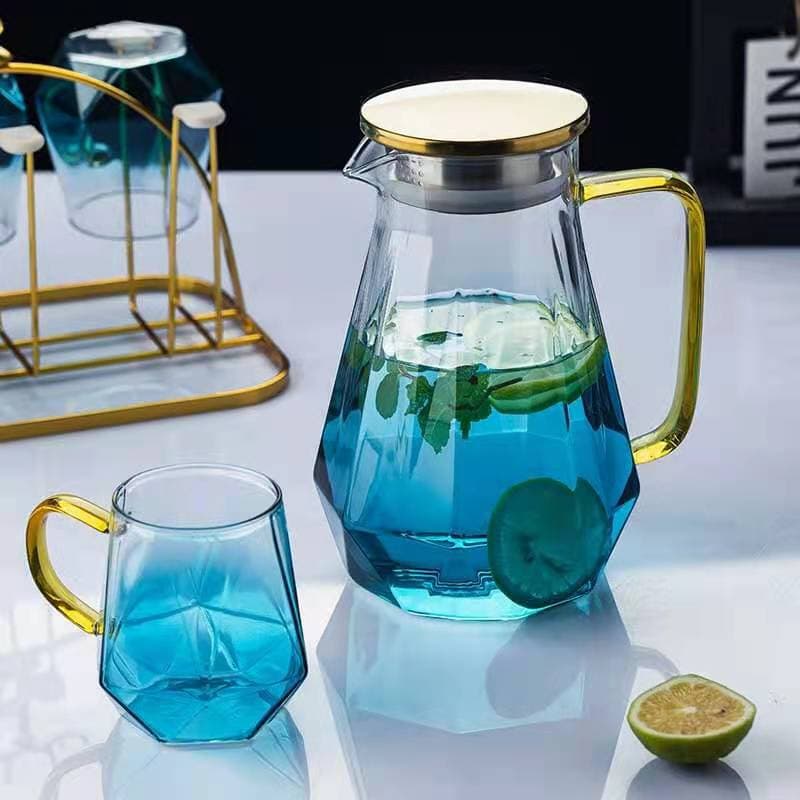 Gradient blue glass cold water bottle creative rhombus juice drink pot gold lid colored glass cool white opening bottle