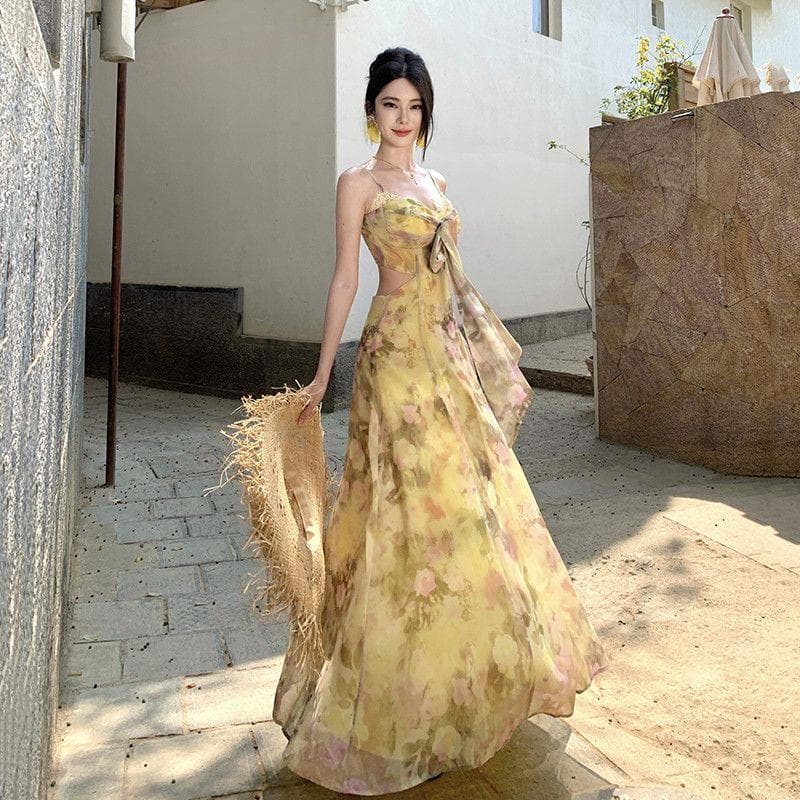 2026 Summer New Vacation Style Strapless Maxi Dress Printed Backless Dress Plus Size Women's Summer Slimming