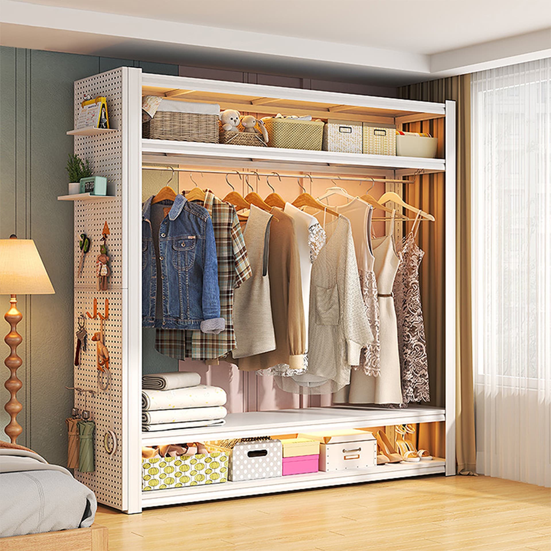 Shelf wardrobe for home bedroom rental housing clothing storage, easy assembly floor-standing pegboard metal angle steel clothes rack