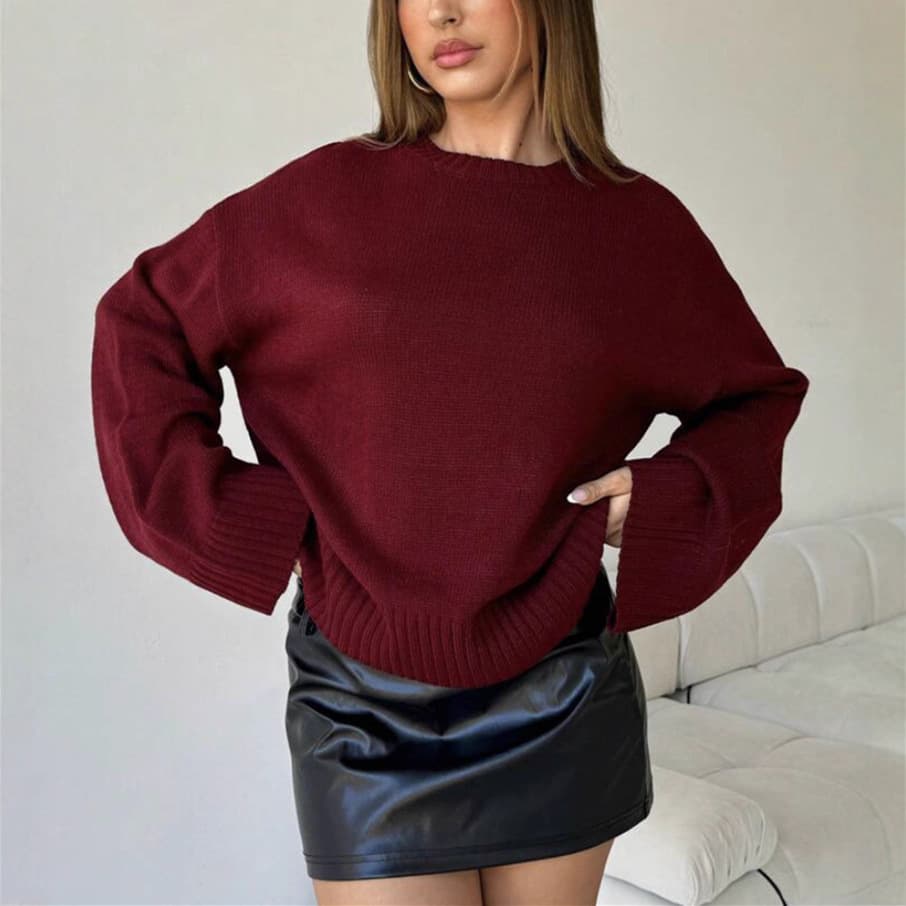 European and American style knitted sweater winter new round neck wide cuff pullover loose solid color long sleeve versatile knitted sweater for women