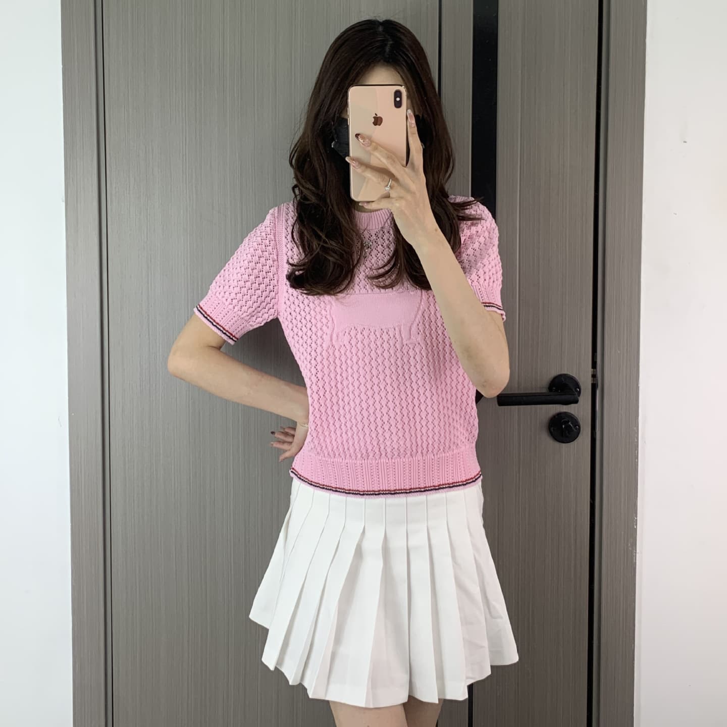 High Version Spring/Summer New Striped Color-Block Hollow Design Front Dog Jacquard Knit Top Women's Short Sleeve
