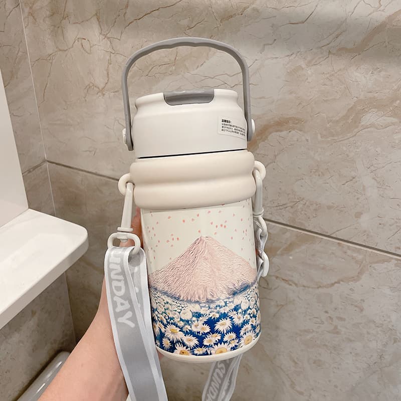 High-looking oil painting scented tea straw cup portable large-capacity stainless steel thermos cup tea water separation portable tea cup