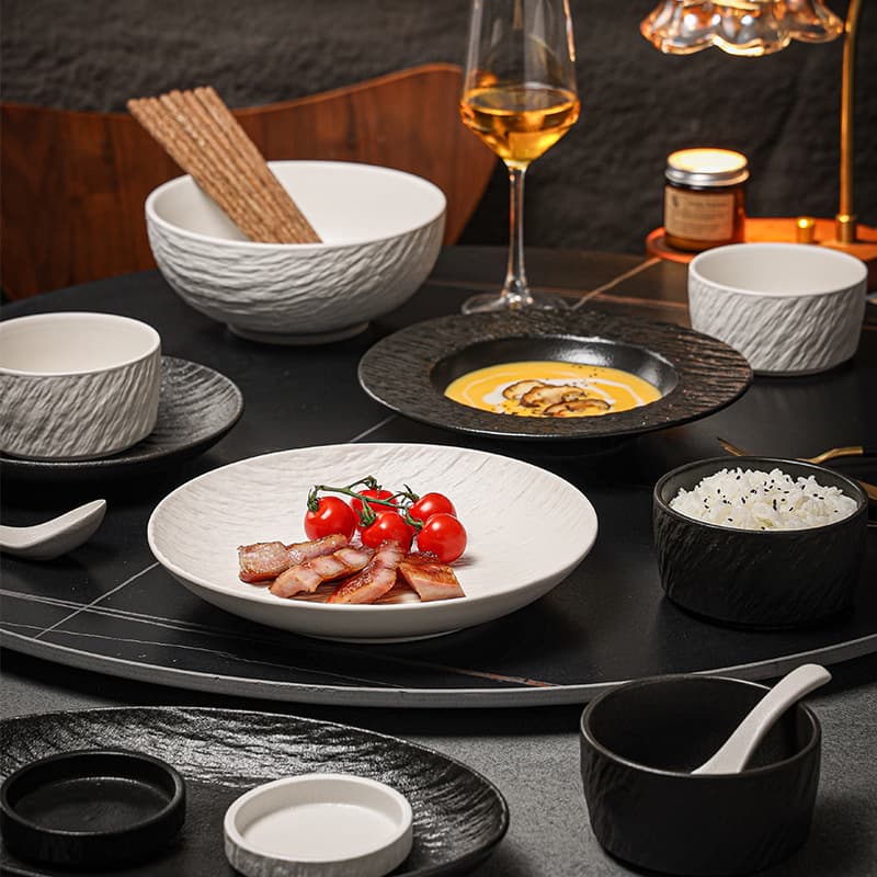 Stone Grain Black and White Porcelain Bowl and Plate Dinnerware Set, High-End Porcelain Combination for Home Use, Simple Ceramic Celadon