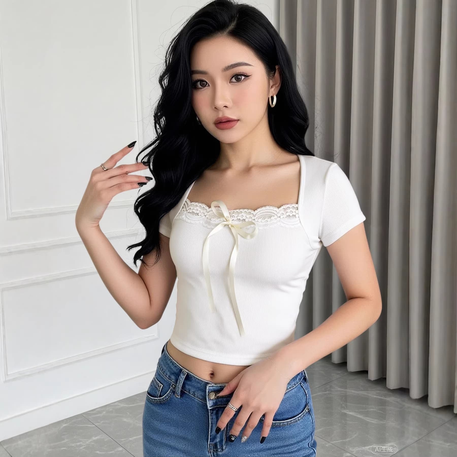 European and American Unique Chic Sweet Spicy Girl Style Tight-Fitting Short Lace Square-Neck Top with Unique Design, Niche Short-Sleeve T-Shirt for Women Summer