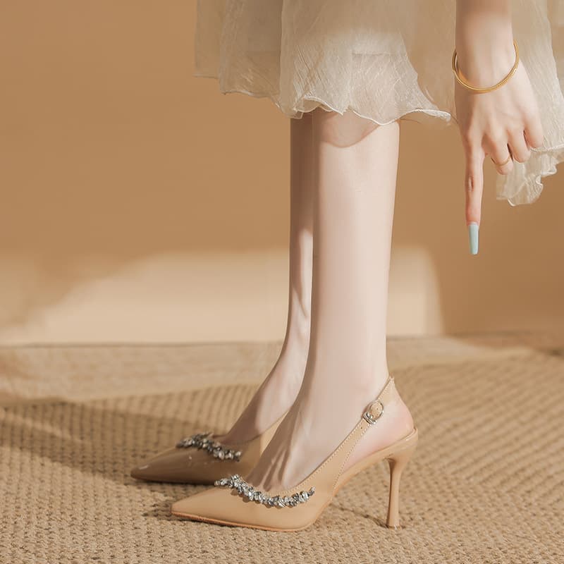 2025 New Pointed Toe Stiletto High Heels Large Size Plus Wide Fit Rhinestone Buckle Women's Single Shoes Backless Hollow Sandals