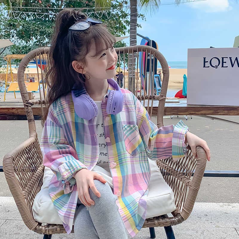 Girls Plaid Shirt Autumn Clothing 2025 New Style Children's Clothing Long-Sleeved Shirt Spring & Fall Outwear Loose Top