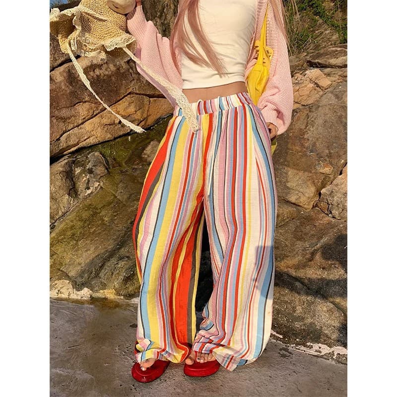 American Retro Rainbow Striped Elastic Waist Wide Leg Casual Pants Women's Summer Loose and Versatile Resort Style Beach Pants
