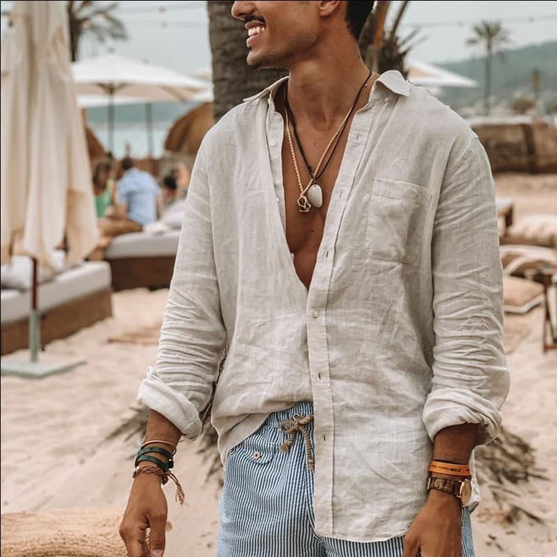 2021 New European and American Cross-border Export Men's Fashion Wish AliExpress Men's Long Sleeve Button Linen Cotton Shirt
