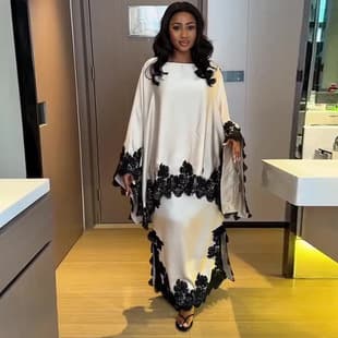 2026 New Women's Lace Loose Fashion Round Neck Split Long Dress Set for Amazon Cross-Border Trade in Europe and America