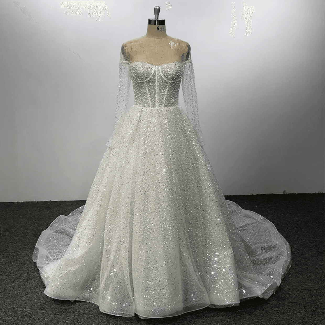Wedding Dress Skin-touch Tulle Round Neck Long Sleeve Pearl Sequins Heavy Tail Luxury Bride Main Dress