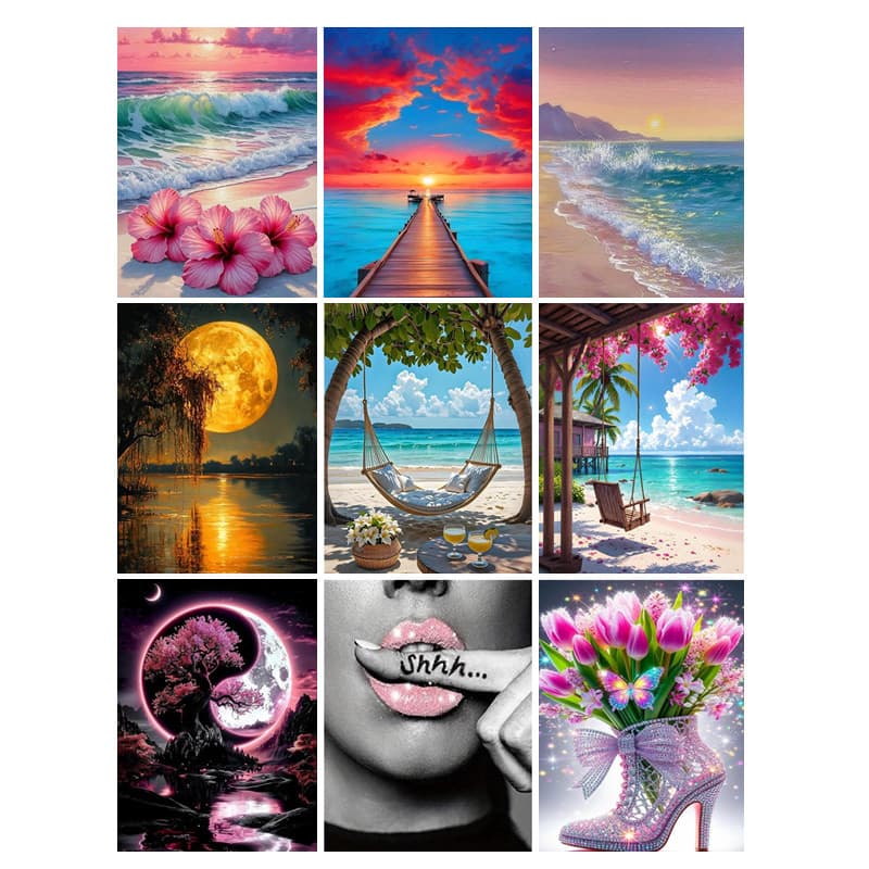Cross-border New 5D Diamond Painting High Heel Shoes Flowers Sunset Beach Moon Landscape DIY Decorative Painting Factory Direct