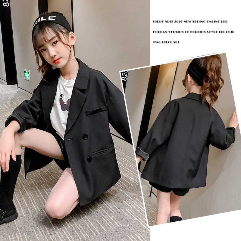 Girls' Black Casual Tailored Jacket Spring Autumn Fashionable Children's Top Quality Polyester Fiber Long Sleeve Soft Processed Fabric