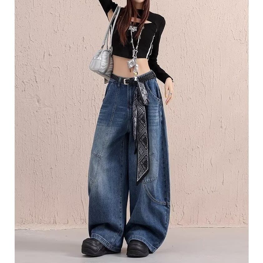 Cross-border Trade Exclusive American High Street Large Pocket Jeans Niche Design Loose Wide Leg Floor-Length Pants