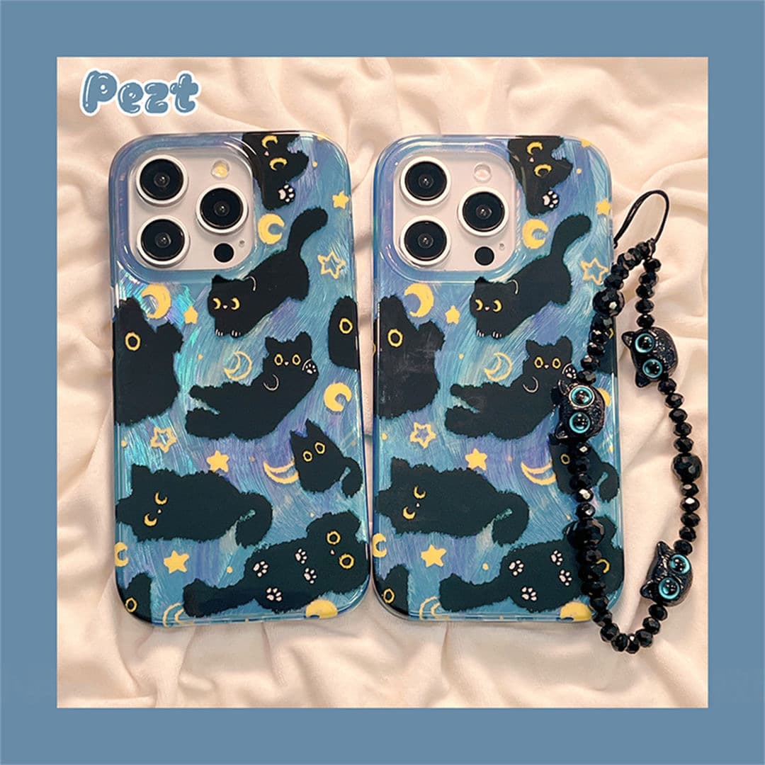 Cartoon Black Cat For iPhone 15 Pro Max Phone Case Soft Shell Compatible With Apple 14/13 Pro Max Handheld Bracelet