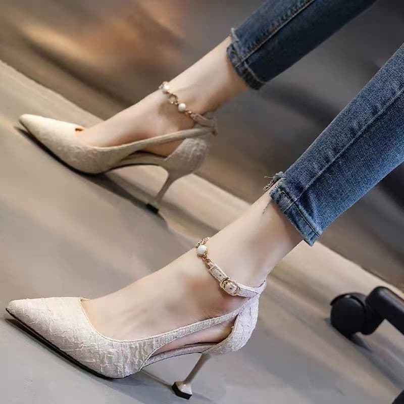 Summer Genuine Soft Leather High Heels for Women, Pointed Toe Mid-Heel Work Shoes, 2023 Spring and Autumn Versatile Single Strap Stiletto Sandals