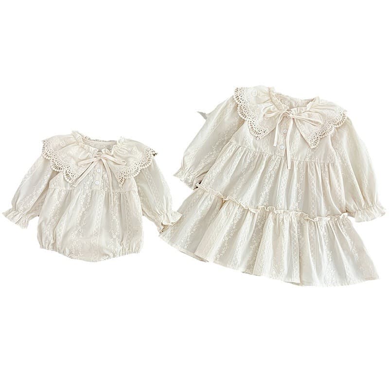 Girls' Dress Turn-Down Collar Lace Baby Romper Dress Stylish Long-Sleeve Princess Dress Korean-Style Sister Outfit