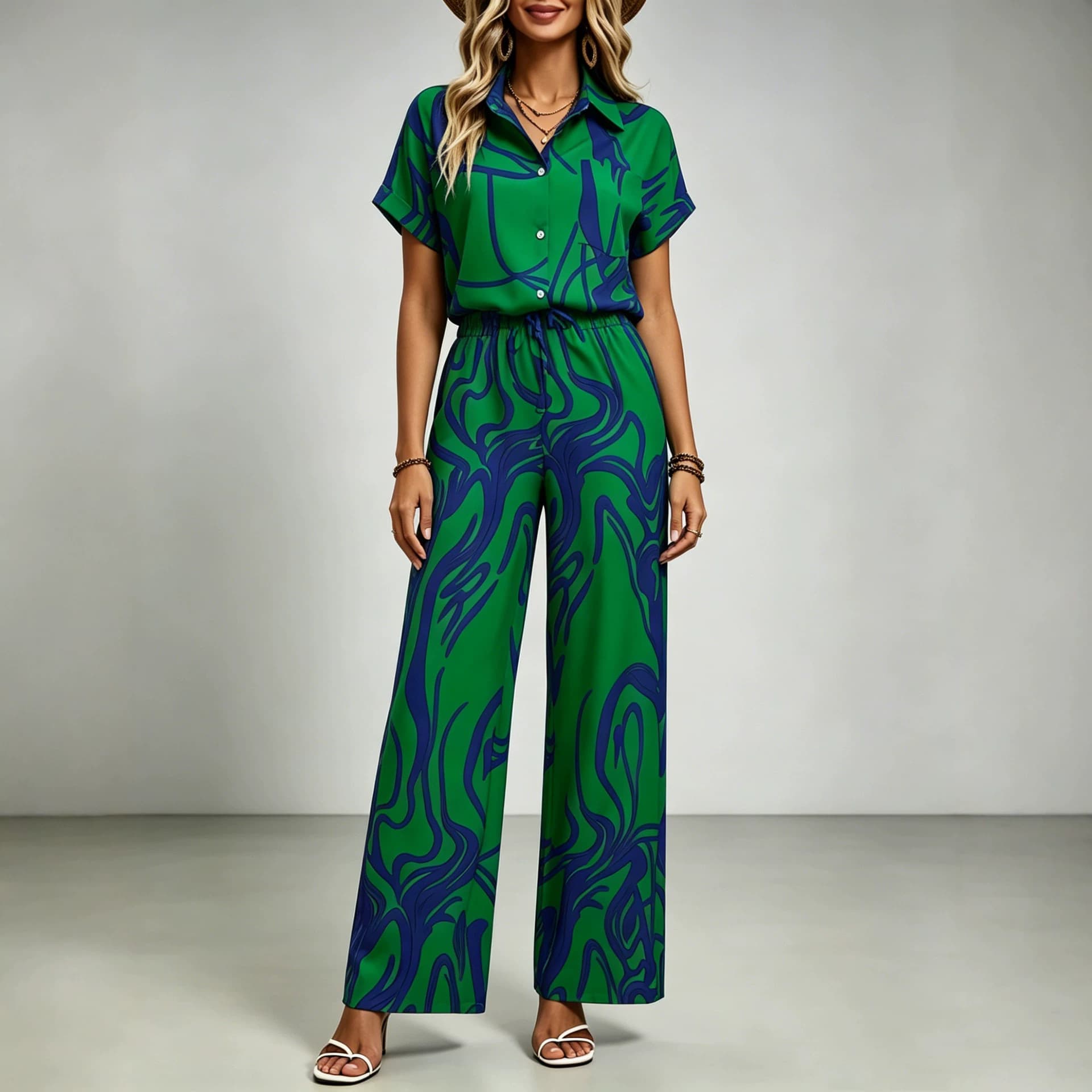 European and American Amazon Cross-Border Women's Clothing 2026 Summer Foreign Trade Fashion Printed Short-Sleeved Shirt Casual Pants Set