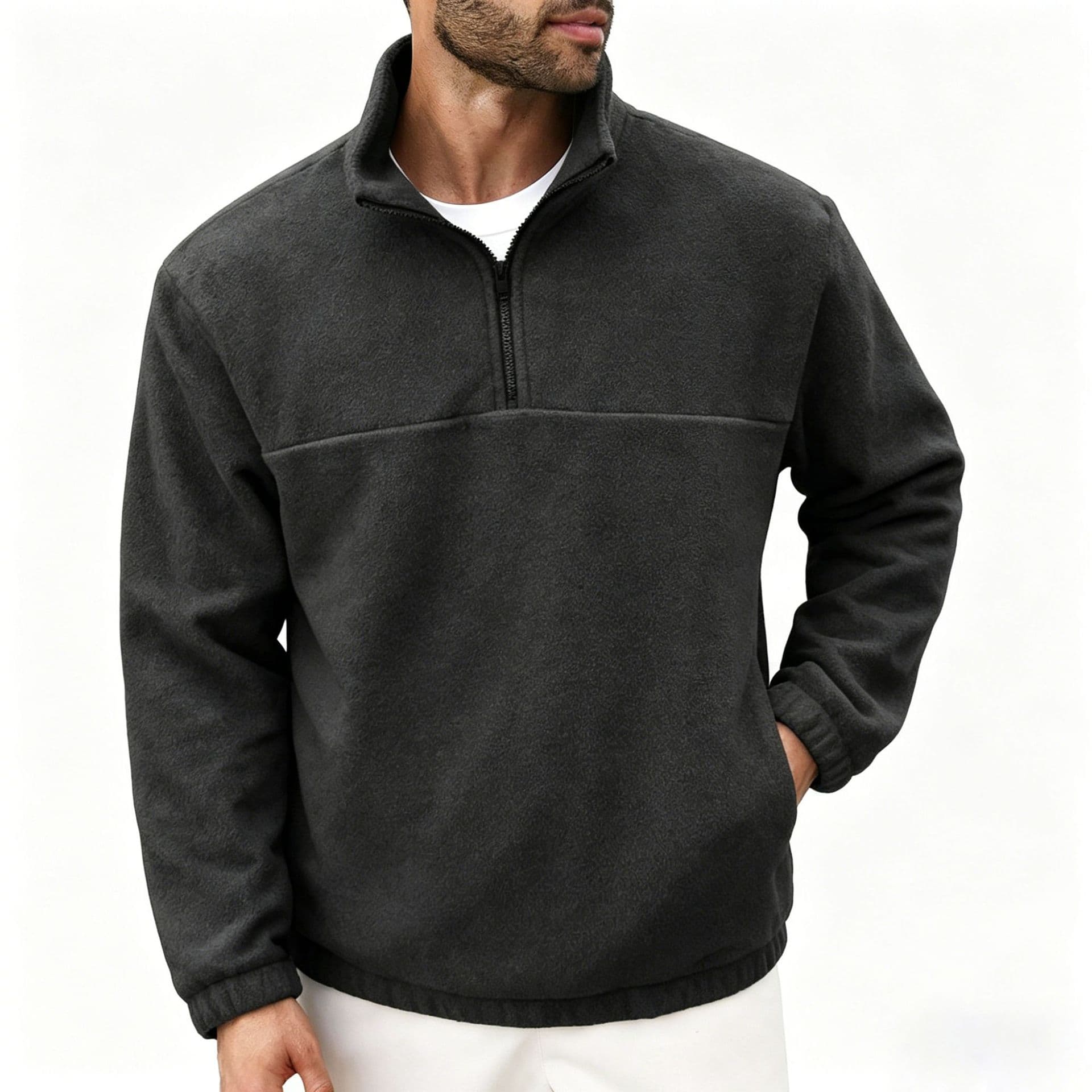 Gray men's polar fleece half-zip sweatshirt autumn and winter thickened warm stand collar casual pullover cross-border best-selling model
