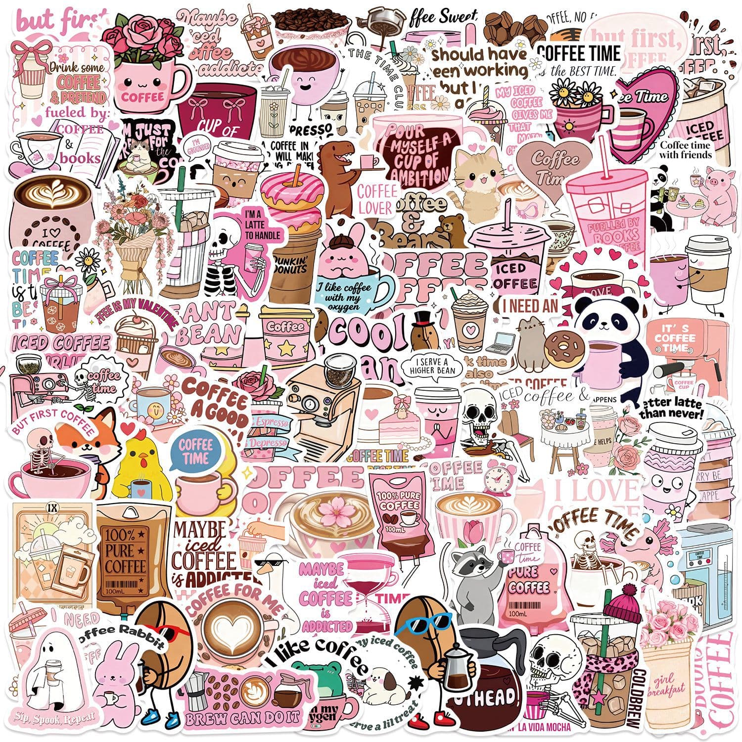 100 pieces of pink interesting coffee stickers to decorate mobile phone cases DIY water cups waterproof cross-border new wholesale stickers