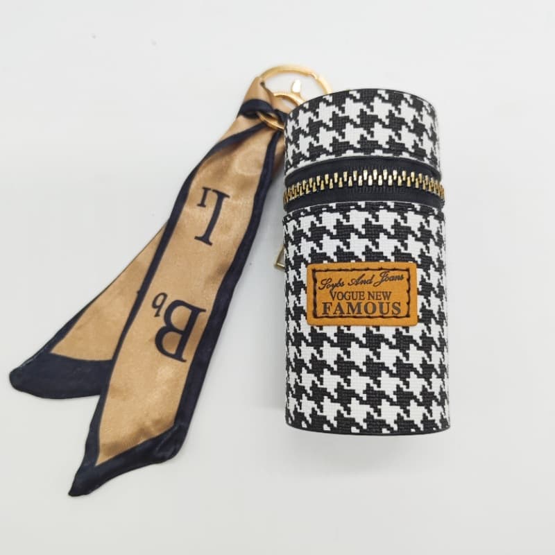 Zipper Retro Key Bag for Women, Cylindrical Houndstooth Geometric Pattern Small Bag, Mini Earphone Bag, Zipper Small Round Bag