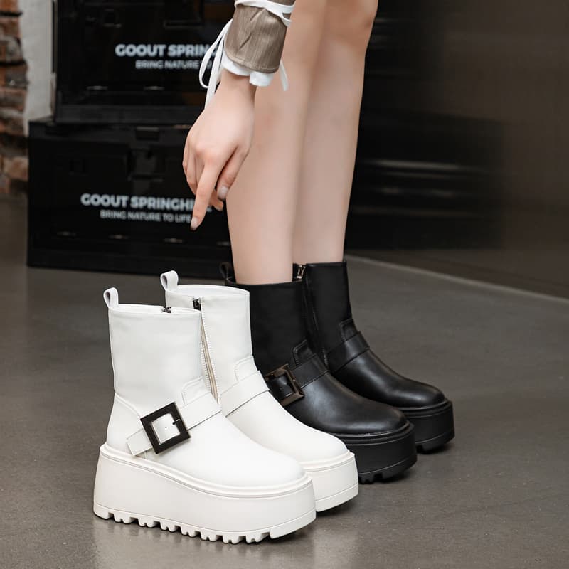 Thick Sole Leather Boots 2026 Autumn/Winter New Martin Boots Women Belt Buckle Solid Short Boots Simple Heightening Women Boots