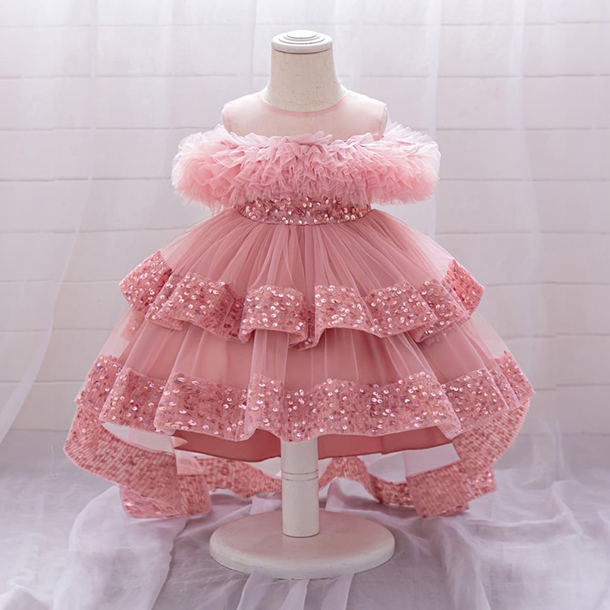 Children's Birthday Sequin Princess Dress with Train, Tulle Tutu Cake Dress for Toddler Girls, Party and Banquet Wear