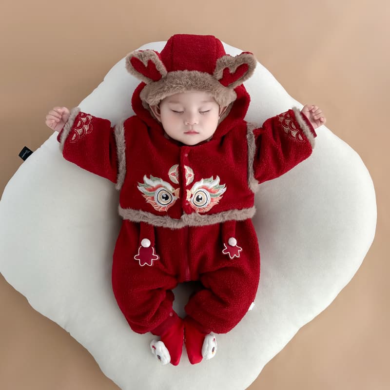 New Year festive red baby onesie romper crawler suit for 100 days autumn/winter fleece-lined quilted