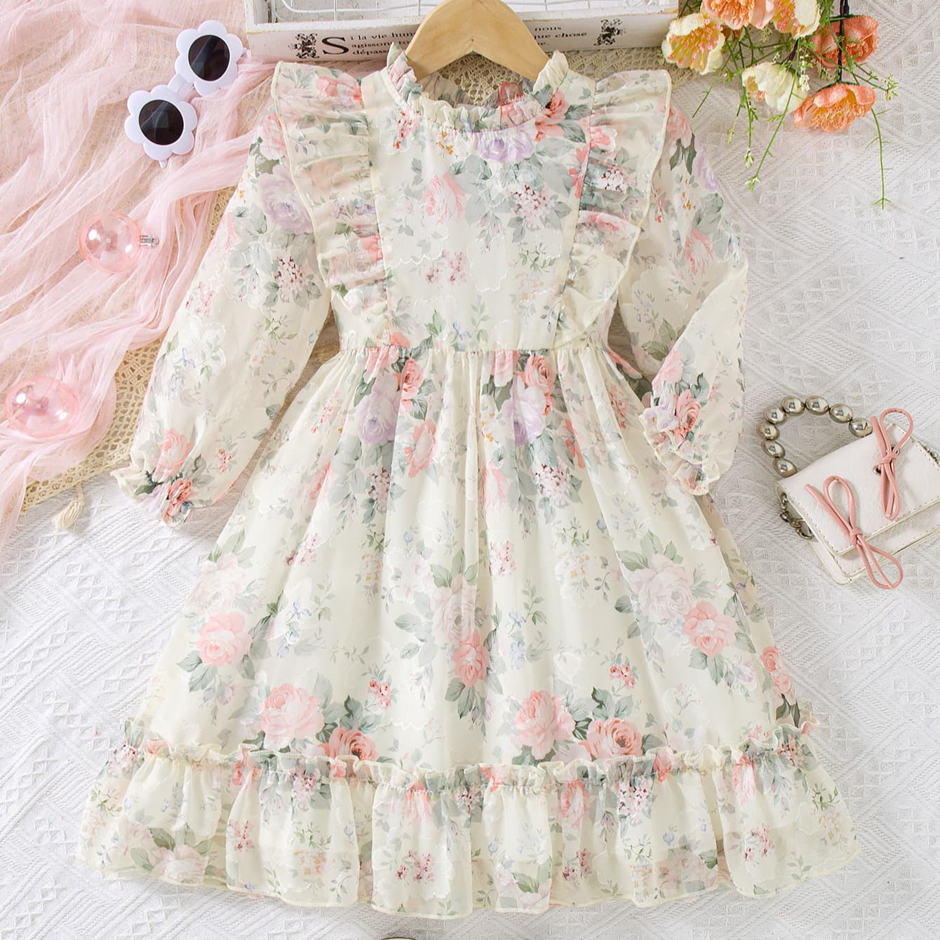 Floral Tulle Dress Super Fairy-Like Chic Back Zipper Girls Daily Versatile Sweet Playful Cute Princess Dress