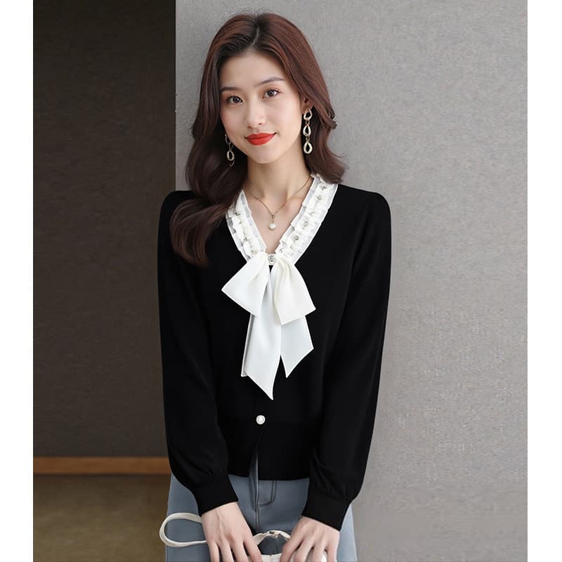Chanel Style Tie V-Neck Long Sleeve Black Knit Top Women's High-End Heavy Craft Rhinestone Beaded Fashionable Top