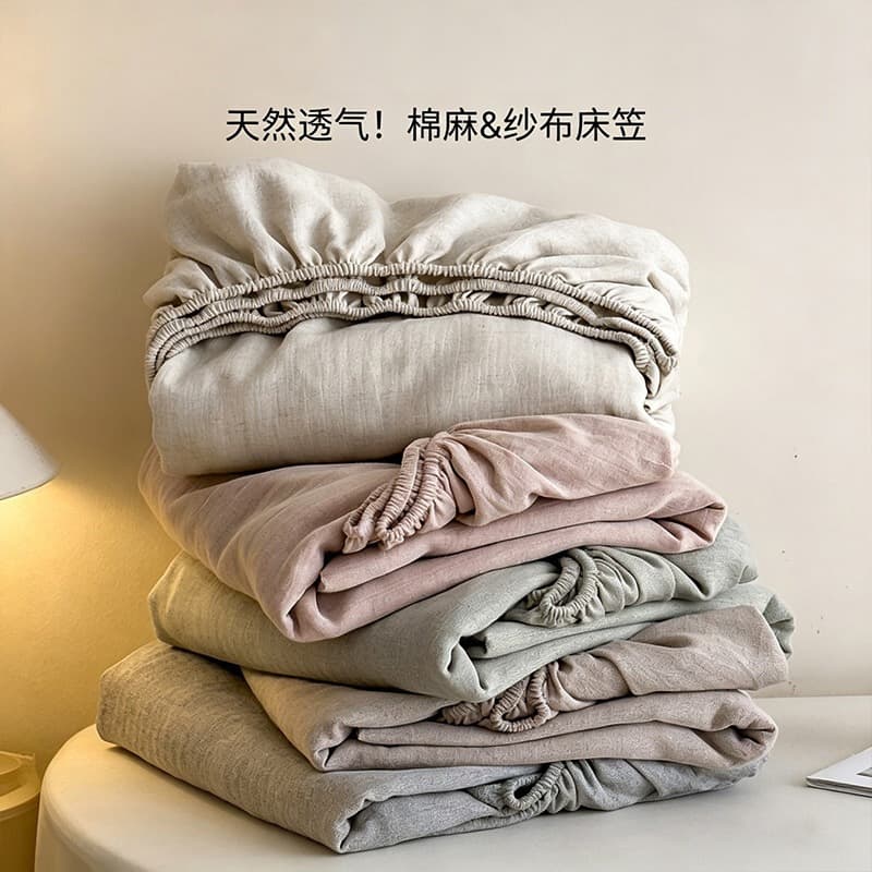 Minimalist Wabi-Sabi Style Cotton-Linen Fitted Sheet Single Bed Sheet Bed Cover Set Three-Piece Mattress Protector All-Around Elastic Four Seasons Universal