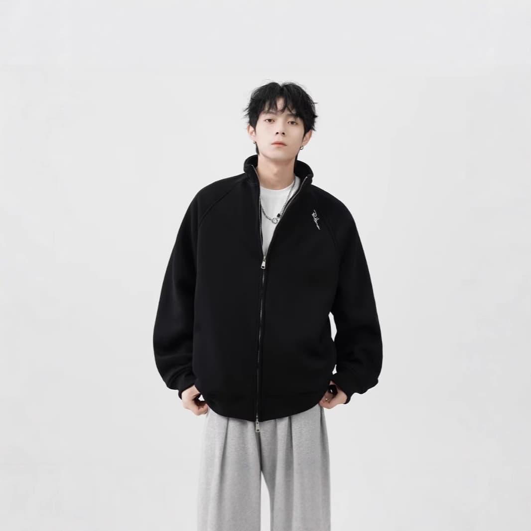Autumn/Winter Men's Korean Retro Solid Color Stand Collar Casual Jacket Men's Trendy American Loose Zip-Up Sweatshirt Jacket