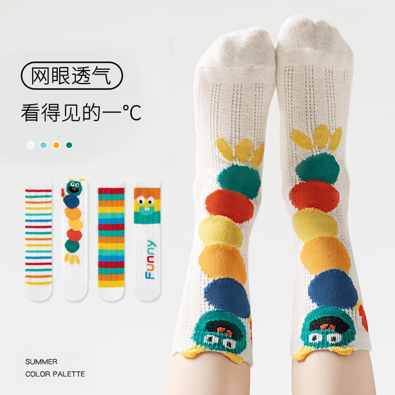 Girls socks summer thin mesh combed cotton breathable A-type baby cartoon lace anti-mosquito mid-calf socks