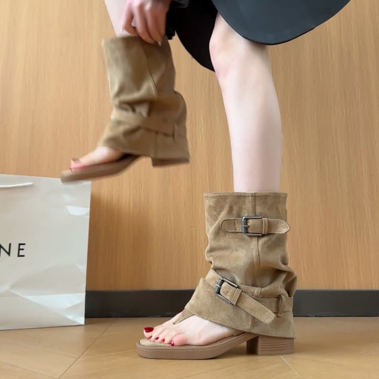 Chunky Heel Toe-Clip Sandal Boots Elevating Women's Summer Open-Toe Boots Thong Sandal Boots Summer Clip-Toe Boots Roman Sandals