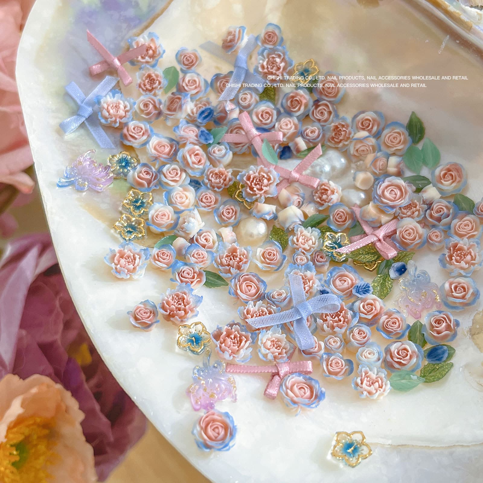 New Blue Pink Rose Garden Pearl Fabric Bow Leaf Nail Art Decoration Small Accessories Mixed Wholesale