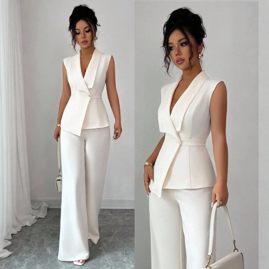 3. European and American white waist-cinching suit, sleeveless vest + wide-leg pants, elegant two-piece set, cross-border