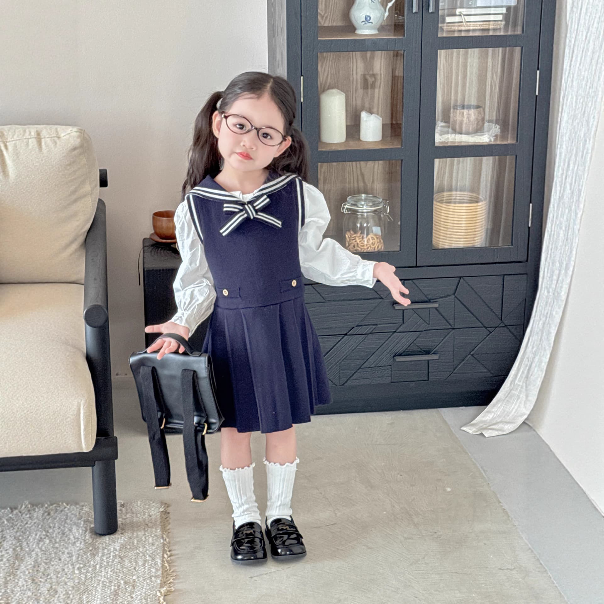 26 Autumn/Winter British Style Girls Navy Collar Knit Vest Dress Baby School Style Dress